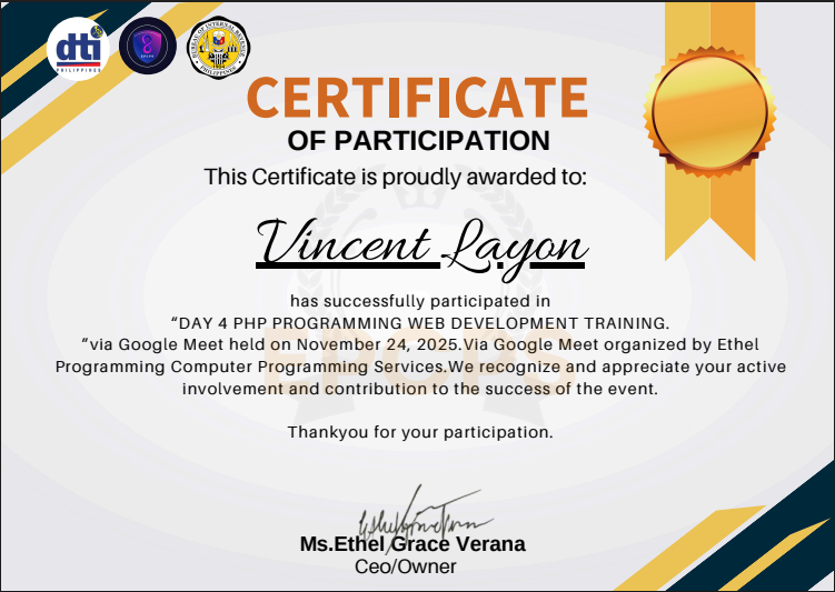 Certificate of Participation for Day 4 PHP Programming Web Development Training