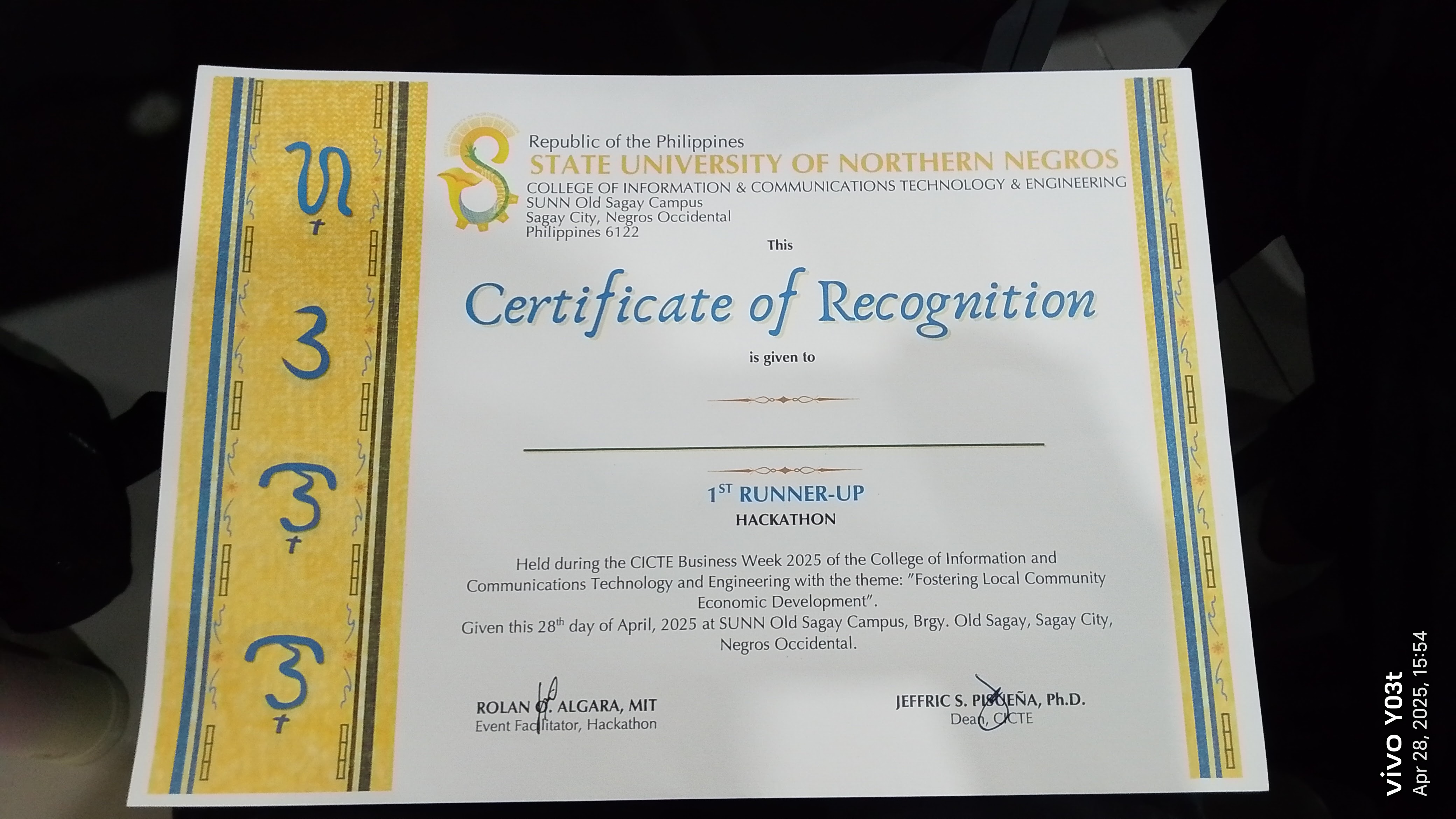 Certificate of Recognition for 1st Runner-Up Hackathon