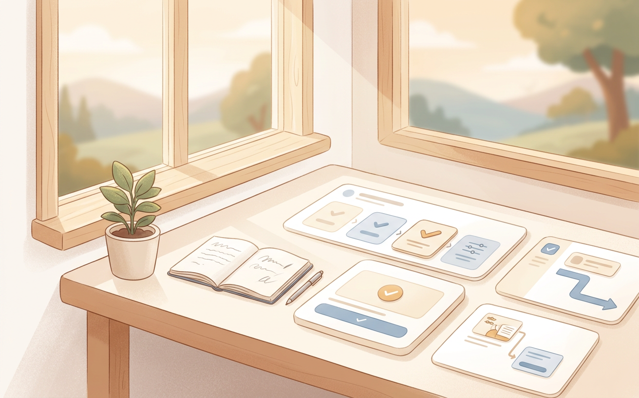 Warm illustrated workspace with calm interface cards and a clear starting path