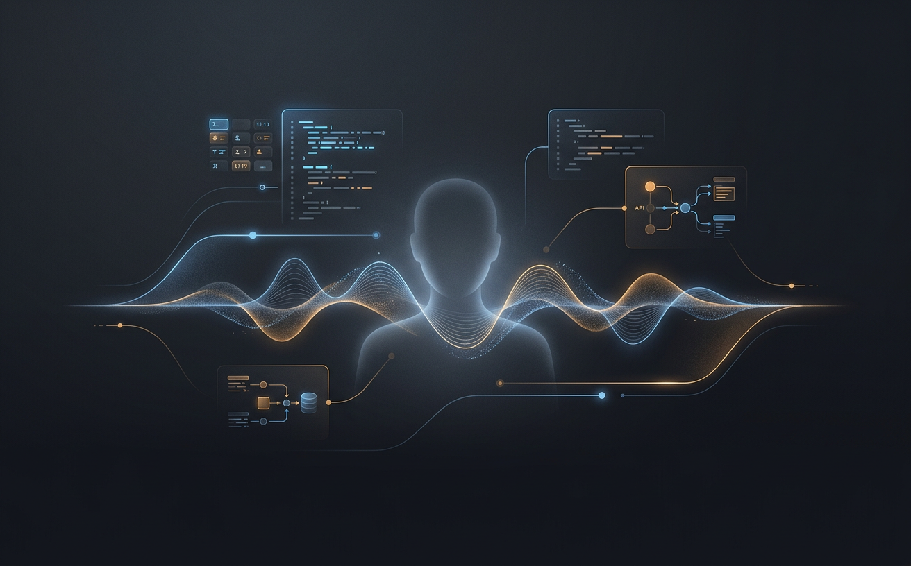 Abstract illustration of an AI assistant interface with a conversational waveform and code connections