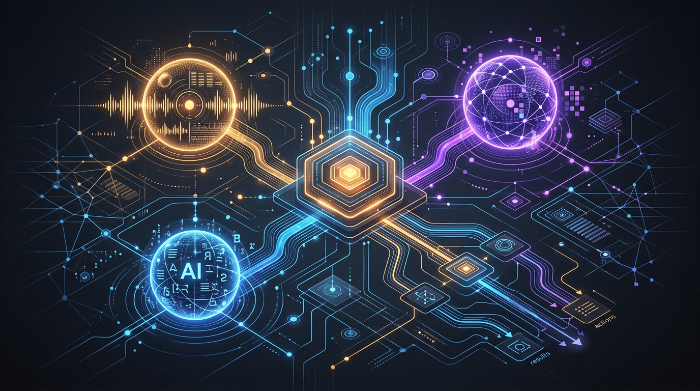Technical illustration of three connected AI model cores in a portfolio assistant architecture