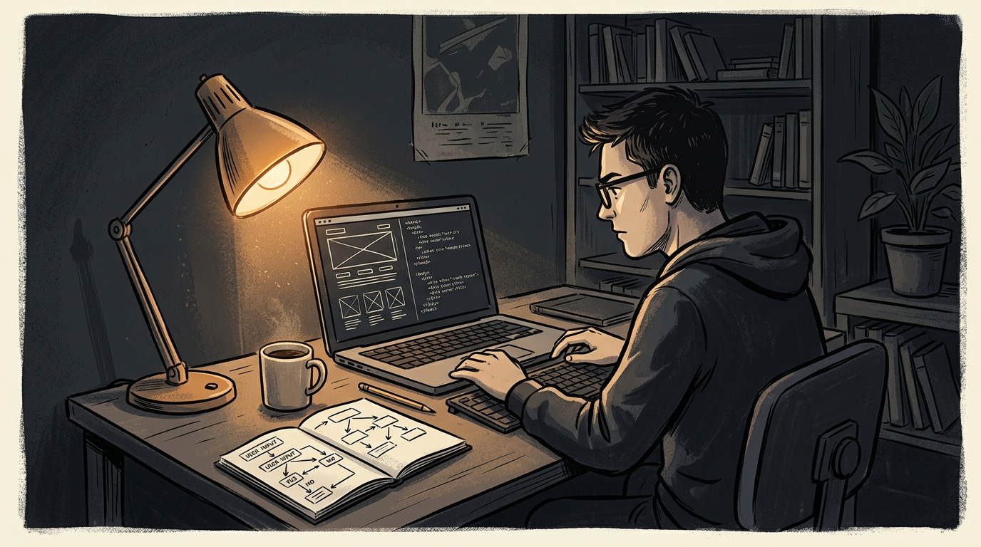 Illustration of a beginner developer building an early portfolio at a simple desk