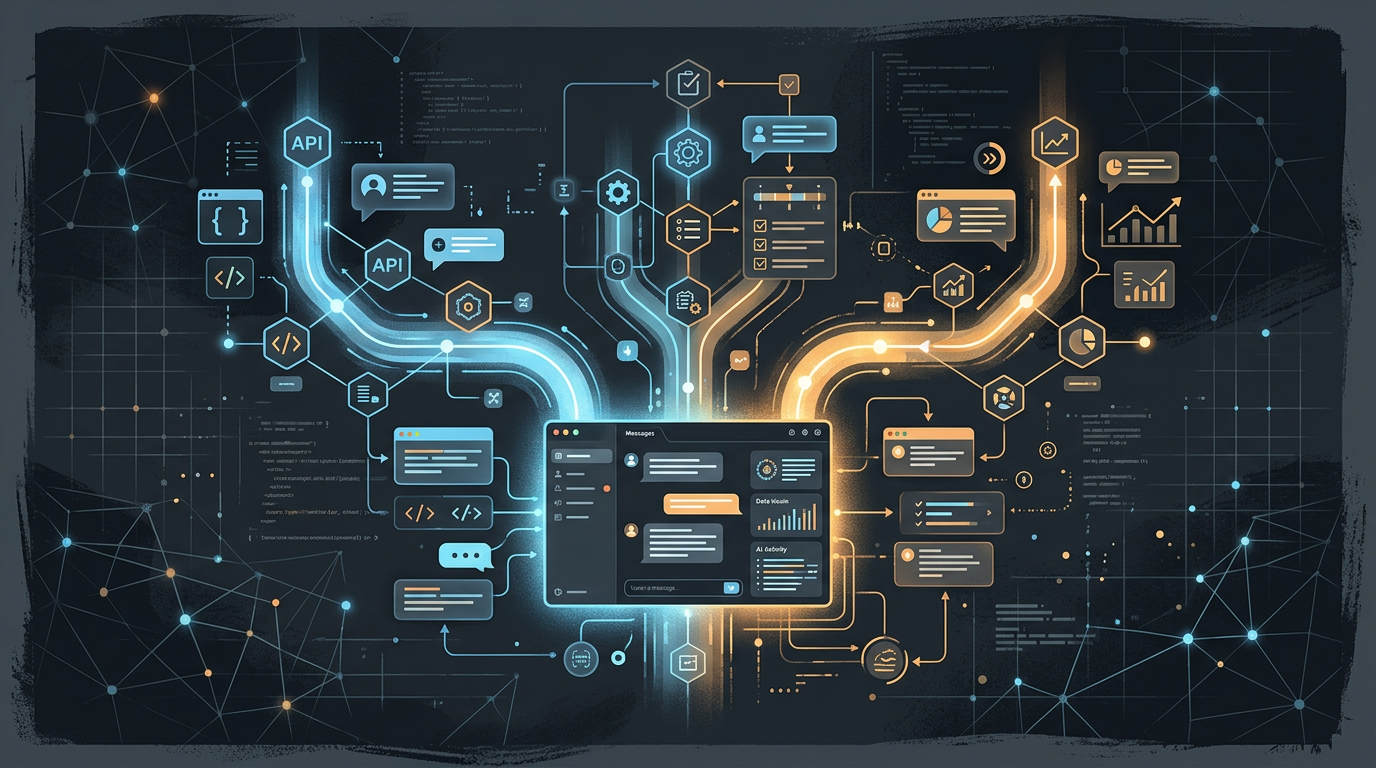 Illustration of a portfolio becoming an AI assistant dashboard with connected model paths