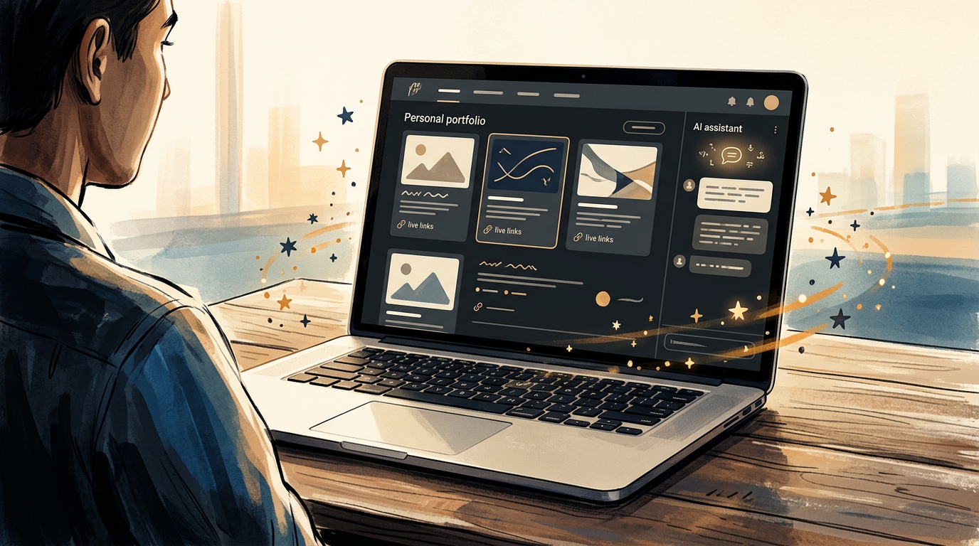 Illustration of a refined portfolio with project cards and an AI assistant panel
