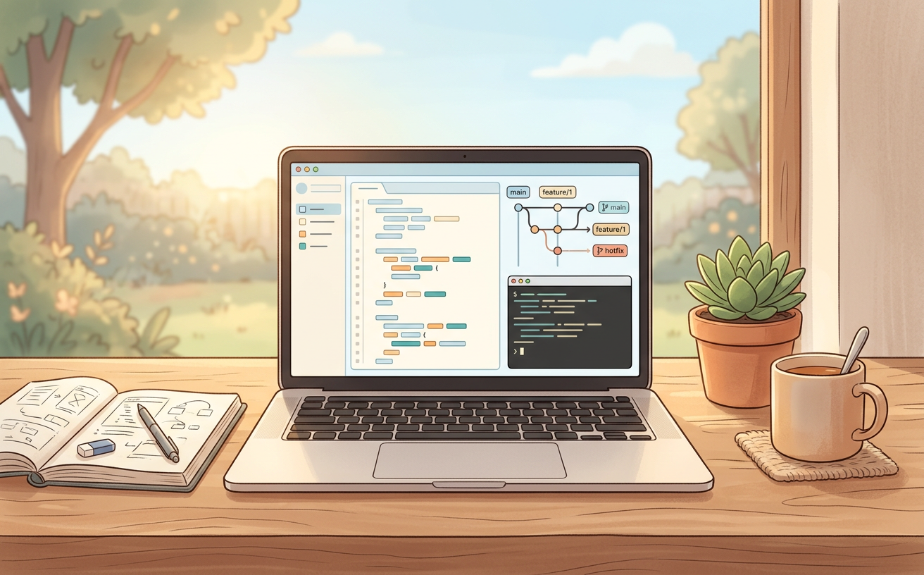 Warm illustrated developer workspace with a laptop, notebook, code, and plant