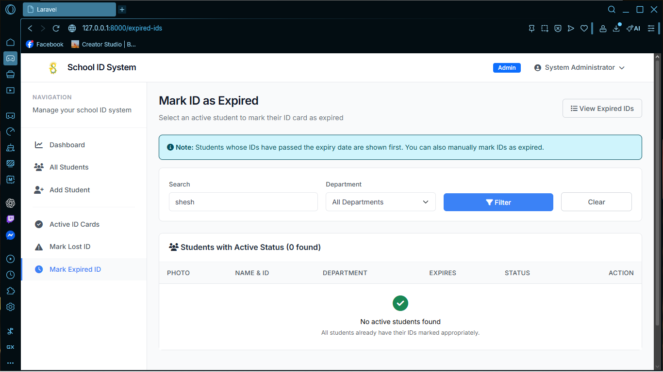 School ID Management System dashboard